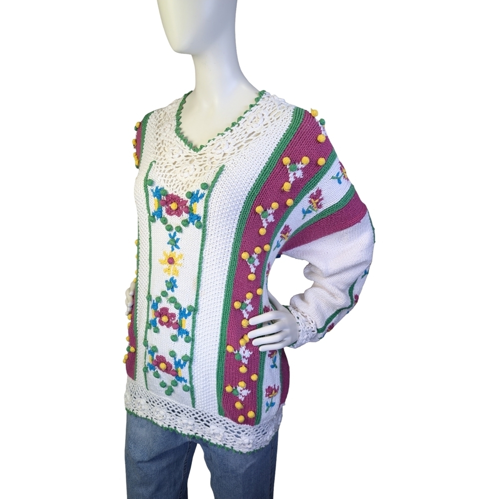 Vintage Knit Sweater Floral Crochet & Bobble Details | Cottagecore | Folk Art - Picture 4 of 8